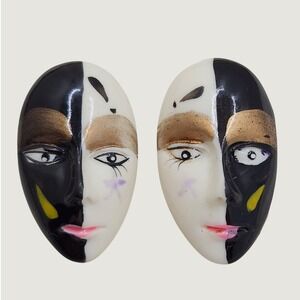 Vintage 1980s Porcelain Mask Earrings Black White Gold Pierrot Harlequin Studs